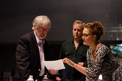 Christopher Durang, John Augustine and Kaitlin Hopkins in a playwrights in residence masterclass. Photo courtesy of Texas State University. 