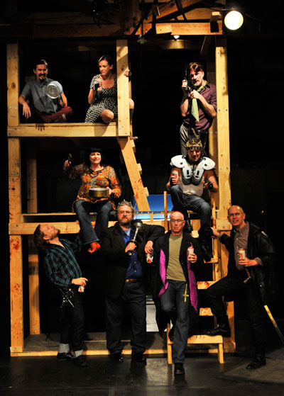 Jeffery Miller, Adriene Mishler, Jay Byrd, Barbara Chisholm, E. Jason Liebrecht, Robert S. Fisher, Lowell Bartholomee, Tom Green and Robert Faires in the Rude Mechs’ production of Fixing King John. Photo by Bret Brookshire.