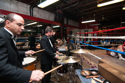 Musiqa performers Blake Wilkins, Alec Warren, Craig Hauschildt accompany Shaun "El Conquistador" Leonardo debuts The Arena, as part of Radical Presence at the CAMH. photo by Max Fields