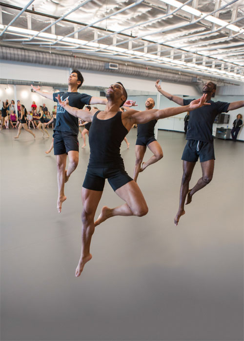 Houston Met dancers Kerry Jackson, Terrill Mitchell, Christopher Cardenas and Noa Tumpkin in The Houston Metropolitan Dance Center's new studios. Photo by: Ben Doyle.