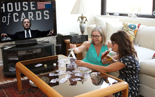 Nancy Wozny and Abby Koenig slug scotch while watching House of Cards. Photo by Mark Wozny and Abby Koenig.
