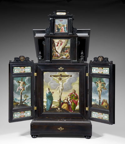 German, Cabinet with Altar for Private Devotions, 1601. Paintings attributed to Anton Mozart (1573–1625). Cabinet: Pear wood, ebonized walnut, oak, and conifer with brass mounts and fittings; paintings: oil on copper, Sarah Campbell Blaffer Foundation 2008.1 