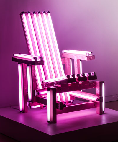 Ivan Navarro (Chilean, born 1972), Pink Electric Chair, 2006, fluorescent light, color sleeves, metal fixtures, and electric energy, h. 45 in. (114.3 cm); w. 31 1/2 in. (80 cm); d. 44 1/2 in. (113 cm), San Antonio Museum of Art, purchased with the Mary Katherine Lynch Kurtz Fund for the Acquisition of Modern Latin American Art, 2012.16, ©artist, courtesy Paul Kasmin Gallery, Photography by Peggy Tenison 