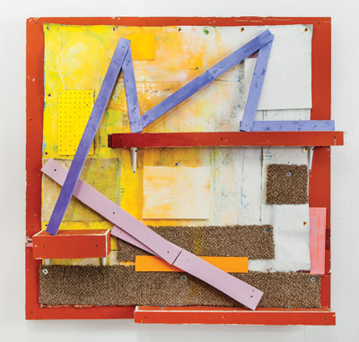 Nathan Green, Drop/Patchwork, 2013. Carpet, foamcore, hardware, paint on wood, canvas, towel, pegboard, mounted on drywall. Courtesy of the artist and Dallas Contemporary.