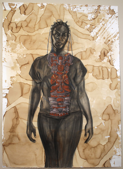 Robert Pruitt, First Contact, 2013, 66 x 50", conte, gold leaf, coffee. Courtesy of the artist and Hooks-Epstein Galleries.
