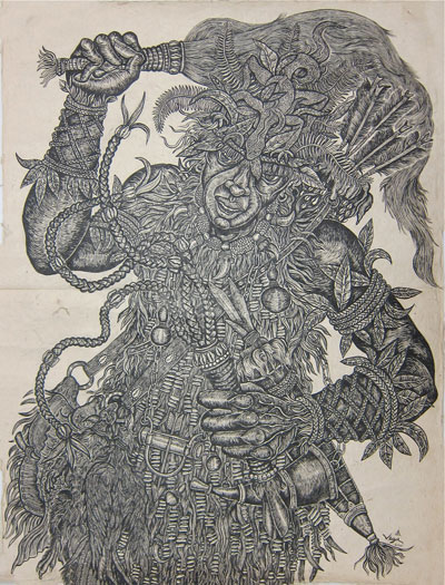 Manny Vega, OSHOSSI. Ink on Lampka paper. Courtesy of the artist and UTSA.