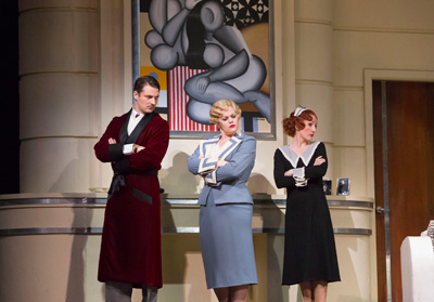 Liam Bonner, Wendy Bryn Harmer and Laura Claycomb in Houston Grand Opera's production of Die Fledermaus. Photo by Felix Sanchez.