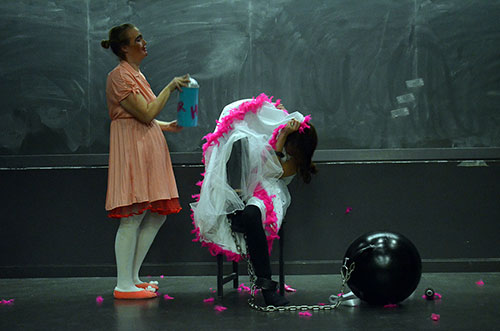 Lindsey Sikes as Caroline and Lee Corkran as Mariella The Wedding, or the Rebellion (A cabaret of misogyny). Photo by Samuel Allen.