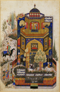 Khusraw at Shirin’s palace Miniature from a manuscript of the Khamsa of Nizami Tabriz (Persia), late 15th century Ink, and pigments on paper 7 5/8 x 4 1/2 in. (19.5 x 11.5 cm) The Keir Collection of Islamic Art on loan to  the Dallas Museum of Art