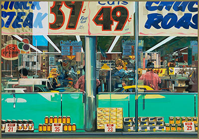 Richard Estes (b. 1932)  Food City, 1967  Oil on Masonite © Richard Estes, courtesy Marlborough Gallery, New York Akron Art Museum, Museum Acquisition Fund 