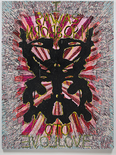 Alexandra Grant Self (I was born to love), after Antigone and Audre Lorde, 2012 Mixed media on paper and fabric 96 x 72 inches Courtesy of the artist and Lora Reynolds Gallery.