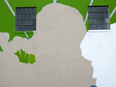 An early stage of The People’s Plate, a mural by Otabenga Jones & Associates at the Lawndale Art Center. Photo: Devon Britt-Darby.