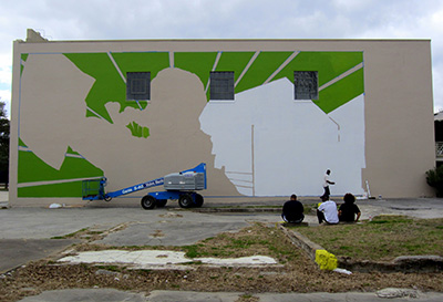 An early stage of The People’s Plate, a mural by Otabenga Jones & Associates at the Lawndale Art Center. Photo: Devon Britt-Darby.