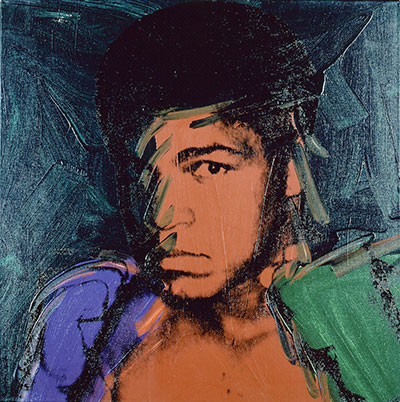 Andy Warhol Muhammad Ali, 1978 Synthetic polymer and silkscreen ink on canvas h. 40 in. (101.6 cm); w. 40 in. (101.6 cm)  Collection of Richard Weisman.