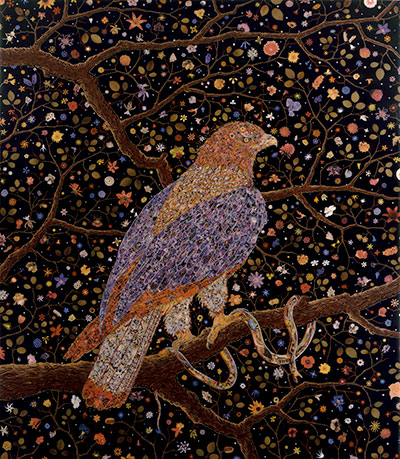 Fred Tomaselli Avian Flower Serpent, 2006 Leaves, photo collage, acrylic, gouache and resin on wood panel Overall: 84 x 72 1/2 in. (213.36 x 184.15 cm) Collection Glenn and Amanda Fuhrman NY, Courtesy The FLAG Art Foundation.