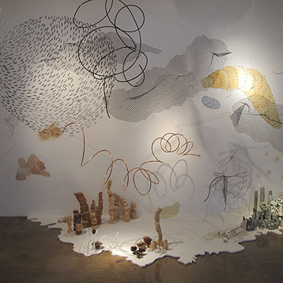 RosaneVolchanO'Conor, Organismo (detail), 2014. Mixed media installation - ceramic, metal, neon, cement, acrylic rod, wood, foam.Dimensions variable.Installation photo by Elizabeth Lyons.