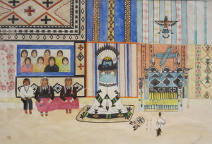 Pylen Hanaweaka North American Indian, Zuni Pueblo, 1902-1989 Interior of Shalako House, c. 1935 Tempera over pencil underdrawing on wove paper Museum of Fine Arts, Houston Gift of Miss Ima Hogg