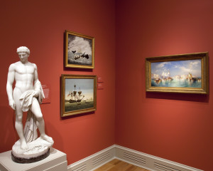 From left: William Henry Rinehart's marble Leander (modeled c. 1859, carved c. 1870); Whaling Ship Maria and Whaling Ship Pacific, both c. 1850 by an unknown American artist; and Thomas Moran's Venice (1898). Photo by Ed Pollard, Chrysler Museum of Art, Norfolk, Va.