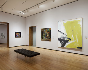 In the newly expanded and reinstalled contemporary galleries, viewers can see Franz Kline's Zinc Yellow (1959), right, alongside Hot Jazz (1940), one of his early figurative works.  Photo by Ed Pollard, Chrysler Museum of Art, Norfolk, Va.