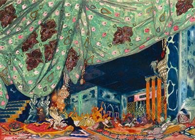 Leon Bakst, Variation of the original scene design for Schéhérazade, after 1910. Watercolor, metallic paint, and graphite on paper. Collection of the McNay Art Museum, Gift of Robert L. B. Tobin.