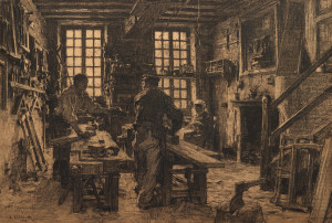 Léon-Augustin Lhermitte The Carpenter’s Workshop, 1884 Charcoal on tinted paper Overall: 14 1/2 x 21 3/8 in. (36.8 x 53.3 cm) Private collection On view in Mind’s Eye: Masterworks on Paper from David to Cézanne at the Dallas Museum of Art 