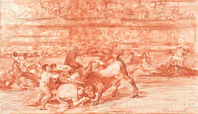 Francisco de Goya y Lucientes (1746-1828), Two Groups of Picadors Overrun Consecutively by a Single Bull, 1814-16. Red chalk and red-ink wash on laid paper. Hamburger Kunsthalle, Kupferstichkabinett (38541). On view in The Spanish Gesture: Drawings from Murillo to Goya in the Hamburger Kunsthalle at the Meadows Museum. Photo by Christoph Irrgang.