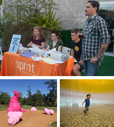 Top:  Inprint Buskers Caitlin Maling, Beth Lyons, Sam Mansfield, and David Tomas Martinez. Photo by George Hixson.  Left:  Sharon Engelstein (Canadian, born 1965), Dillidiidae, 2014, foam with polymer shell concrete. Right:  Inside Jesús Rafael Soto’s Houston Penetrable, 2004-14, lacquered aluminum structure, PVC tubes, and water-based silkscreen ink, the Museum of Fine Arts, Houston, Museum purchase with funds provided by the Caroline Wiess Law Accessions Endowment Fund. © Estate of Jesús Rafael Soto. Used by permission. Photo: Carrithers Studio.