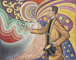 Paul Signac (French, 1863–1935), Opus 217. Against the Enamel of a Background Rhythmic with Beats and Angles, Tones and Tints, Portrait of M. Felix Fénéon in 1890, 1890-1891, oil on canvas, 29 x 36-1/2 in. Fractional gift of a private collector to The Museum of Modern Art, New York. Digital image © The Museum of Modern Art/Licensed by SCALA/Art Resource, NY. On view through Sept. 7 in Face to Face: The Neo-Impressionist Portrait, 1886-1904 at the Indianapolis Museum of Art.