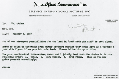 Gone With The Wind producer David O. Selznick's Jan. 4, 1937, memo to Daniel O'Shea, noting that Clark Gable, Gary Cooper and Errol Flynn are top choices for role of Rhett. Image courtesy Harry Ransom Center.