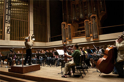  The Wind Ensemble rehearses in Bates Recital Hall. The ensemble, conducted by Jerry Junkin, will perform the overture to Le corsair at the Oct. 17 concert.