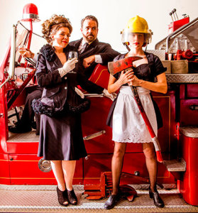 Karen Parrish (Babette), Max Hartman (Gottlieb Biedermann) and Jenny Ledel (Anna) in  in Kitchen Dog Theater's production of The Arsonist. Photo by Matt Mrozek.