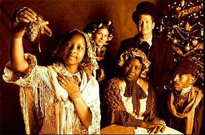 Qynetta Caston, Brandi Andrade, Stormi Demerson, Stan Graner and Vontress Mitchel in Theatre 3’s production of A Civil War Christmas. Photo by Jeffrey Schmidt.