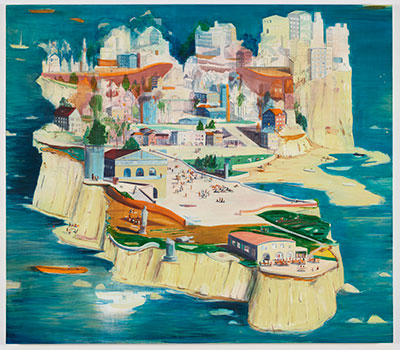 Jules de Balincourt Fortune Island, 2014 Oil on Panel 70 x 80 inches (177.8 x 203.2 cm)