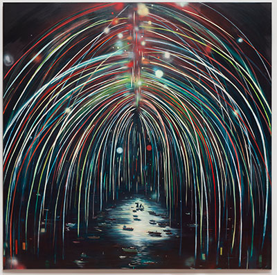 Jules de Balincourt Illuminated, 2012 Oil, oil stick, spray paint, and acrylic on canvas 96 x 96 inches (243.8 x 243.8 cm)