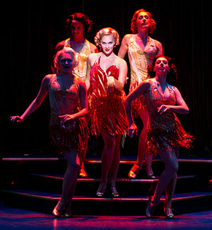 Emma Stratton as Reno Sweeney and Lexie Plath, Kaylee Olson, Annie Wallace and Gabriella Perez as Angels in the National Tour of ANYTHING GOES.   Photo by Jeremy Daniel.