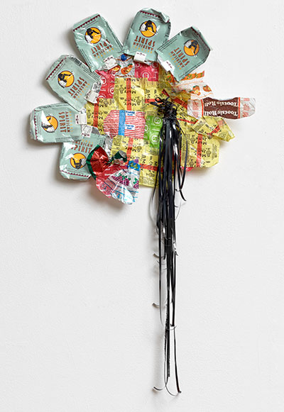 Tony Feher, Mary Janes American Spirit Tootsie Roll Recording Device, 2002. Mixed Media 28 x 16 x 1 1/2 Courtesy Hiram Butler Gallery