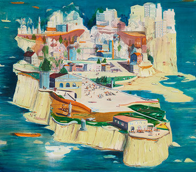 Jules de Balincourt, Fortune Island, 2014 Oil on Panel 70 x 80 inches (177.8 x 203.2 cm).