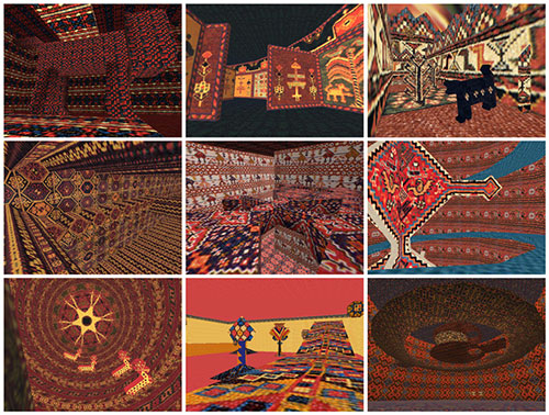 Mel Chin, Screenshots from the video game KNOWMAD, 1999. Interactive video installation, vintage rugs, fabric tent, projector, Windows computer 106 x 230 x 150 in. (tent). Courtesy of the artist