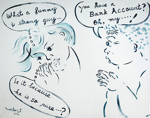 Noriko Shinohara, You Have A Bank Account?, 2014, oil on canvas, 22 x 28 inches.
