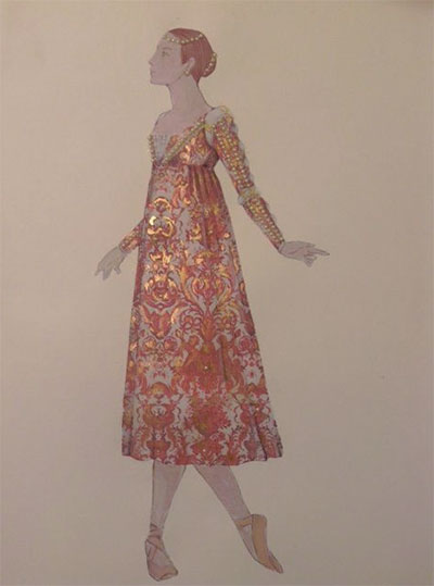 Costume design and sketch by Roberta Guidi di Bagno for Juliet’s ballgown for Houston Ballet’s production of Stanton Welch’s Romeo and Juliet.