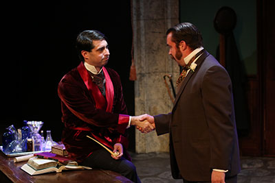 John Johnston as Sherlock Holmes and Andrew Love as Dr. Watson  in Classical Theatre's production of The Speckled Band: An Adventure of Sherlock Holmes. Photo by Pin Lim. 