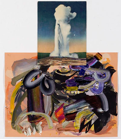 Raychael Stine, Ol’ Faithful Yow 2015. Oil pastel, ink, oil on paper, postcard 19” x 16”. 