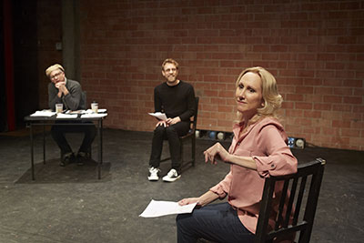 From left to right: Philip Lehl, Philip Hays, and Kim Tobin-Lehl, in Stark Naked Theatre Company’s production of Stage Kiss by Sarah Ruhl. Photo by Gabriella Nissen.