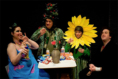 Tina Parker, Wm. Paul Williams, Leah Spillman, and Michael Federico in Kitchen Dog Theater’s production of Mr. Marmalade, with costumes by Christina Cook. Photo by Matt Mrozek.