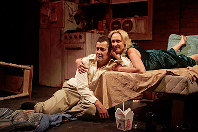 Luis Galindo and Kim Tobin-Lehl in Stark Naked Theatre Company’s production of Stage Kiss with costumes by LA Cleveson. Photo by Gabriella Nissen.