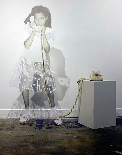 Abigail Lucien, Hello?, mylar, gesso, thread, telephone.