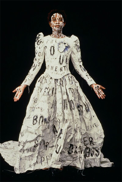 Lesley Dill, Dada Poem Wedding Dress, 1994. Made for Dada Ball, Webster Hall, New York, October 12, 1994