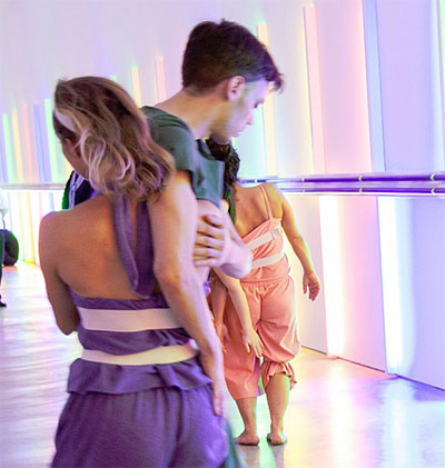 CORE Performance Company members Rose Shields and Joshua Rackliffe  in Above and Below in Dan Flavin Installation at Richmond Hall. Photo by David A. Brown.