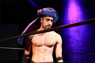 Herman Gambhir in Stages Repertory Theatre's production of The Elaborate Entrance of Chad Deity. Photo by Amitava Sarkar.