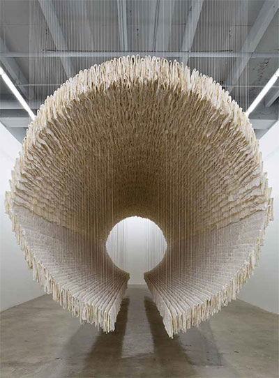 Zhu Jinshi, Boat, 2012, Xuan paper, bamboo and cotton thread, 590 x 137 x 165 in. (1500 x 350 x 420 cm), Courtesy of Rubell Family Collection, Miami, Photography by Chi Lam.